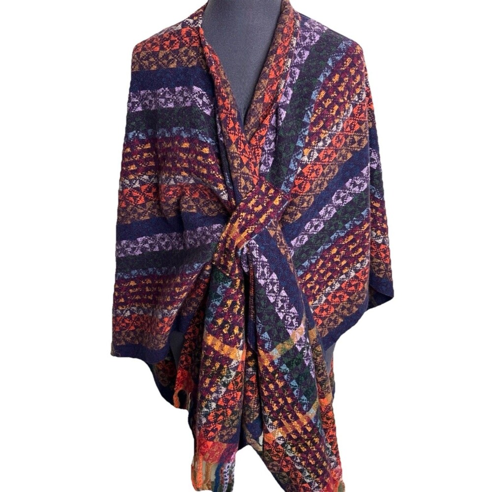 Accents Pull Through Fringe Poncho Wrap Shawl Boho Indie One Size Colorful Cozy
